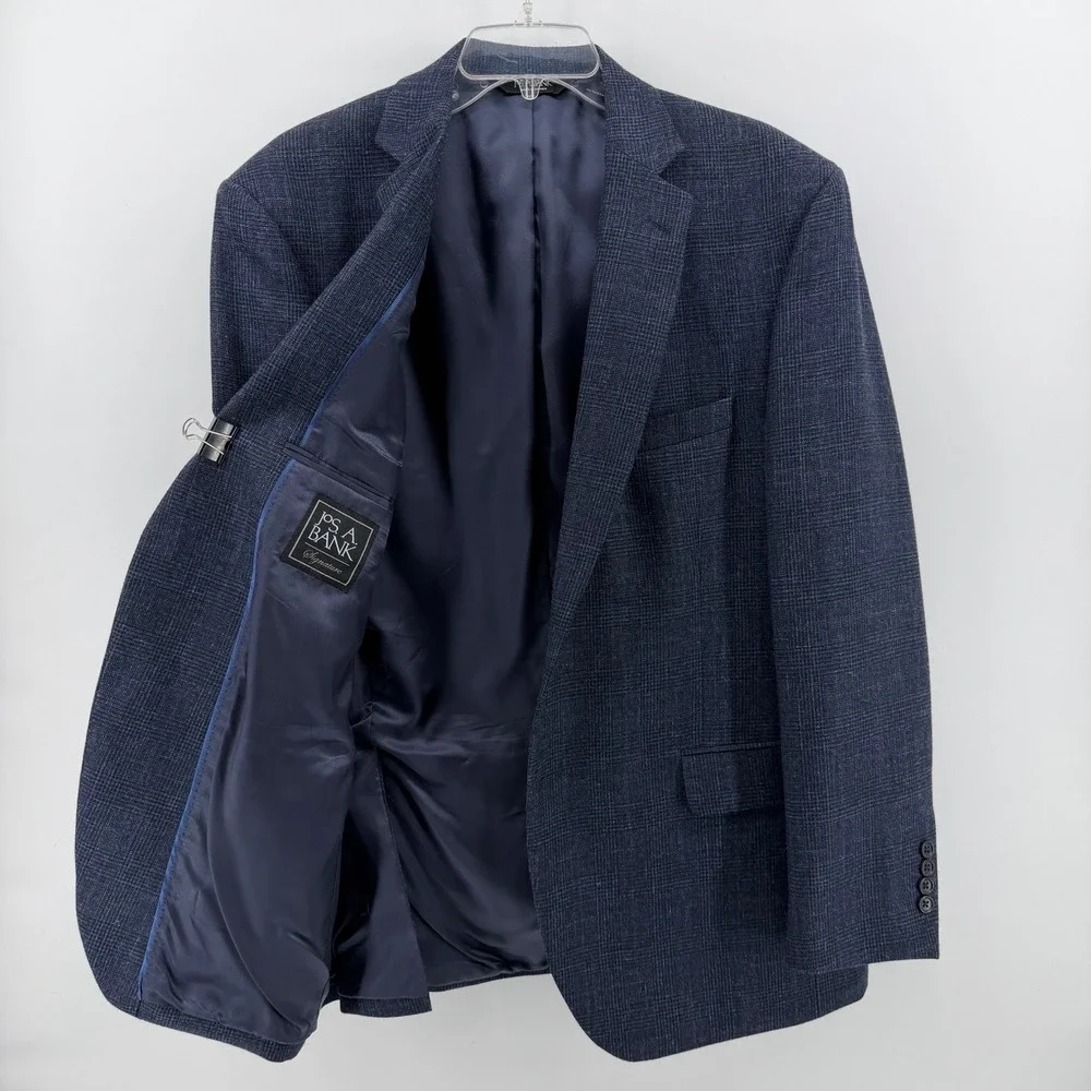 Jos. A. Bank Sport Coat Mens 44R Blue Wool Silk Linen Glen Plaid Granada Blazer